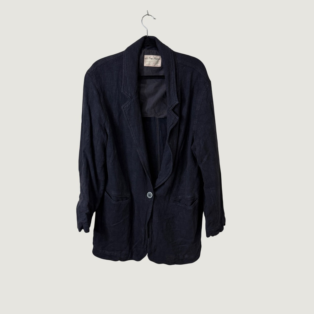 We The Free Free People Linen Blend Slouchy Blazer Black Sz L Boho Fall Layers